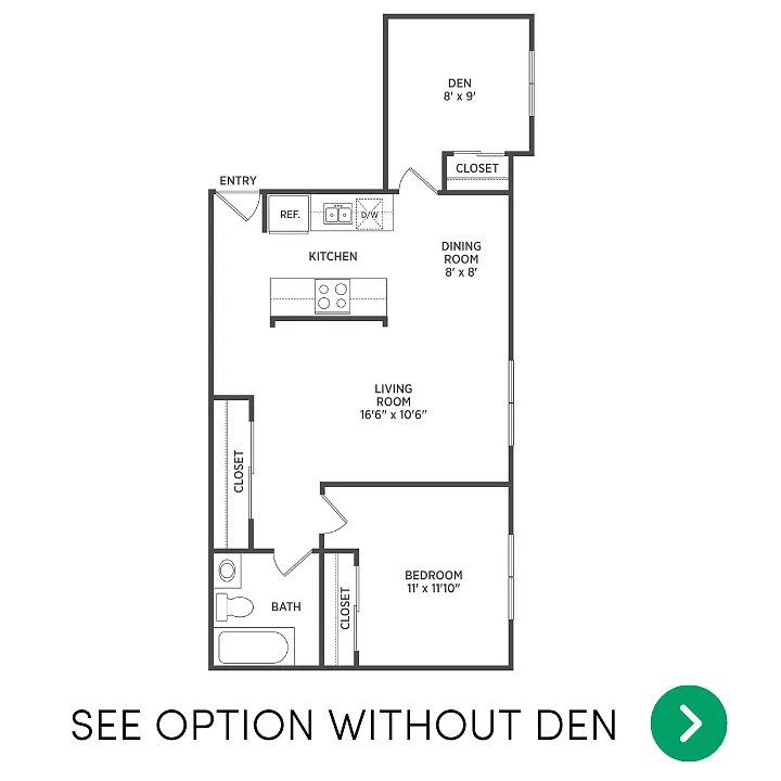 Floor plan 1 bedroom with a den