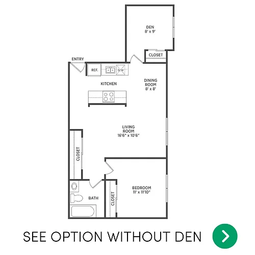 Floor plan 1 bedroom with a den