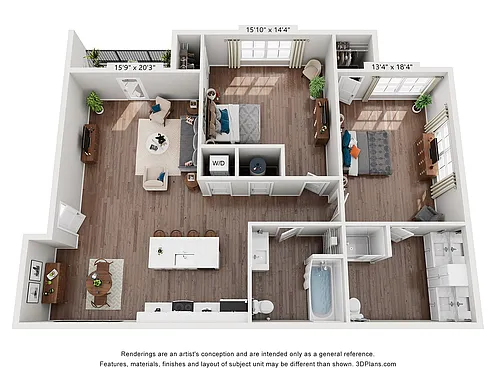Floor plan 2 Bedroom, 2 Bathroom B1