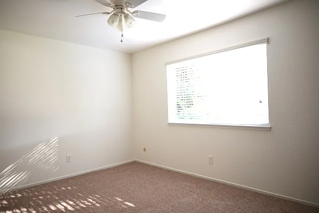 Living room with ceiling fan and a garden view