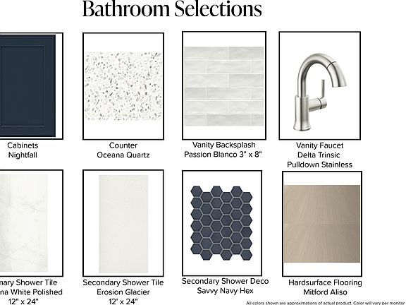 A design board titled Bathroom Selections featuring eight images of materials and fixtures, includin