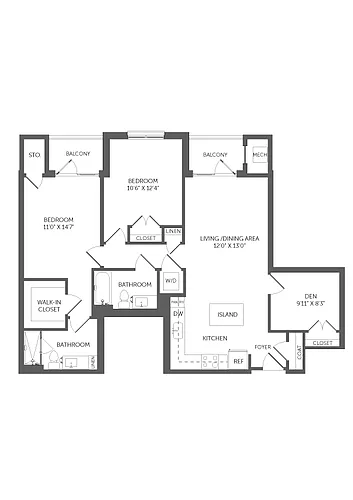 Floor plan 2 Bed/2 Bath Den-B6