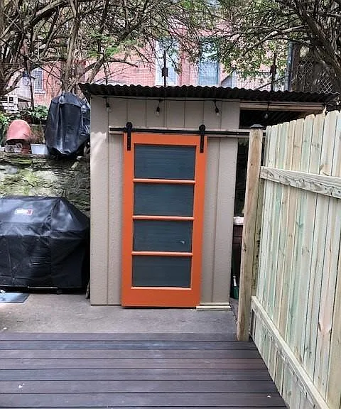 Private back patio with storage space