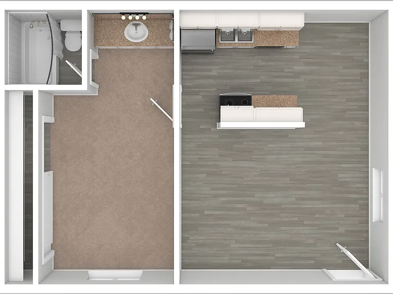 3D Unfurnished Rendering of 1-Bedroom Floor Plan 3D Unfurnished Rendering of 1-Bedroom Floor Plan