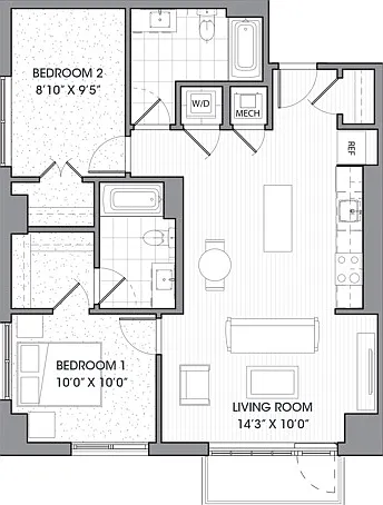 Two Bedroom Two Bath (1005 SF) Two Bedroom Two Bath (1005 SF)