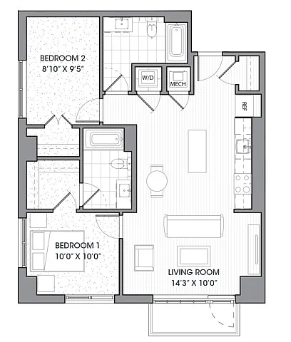 Floor plan Two Bedroom Two Bath (1005 SF)