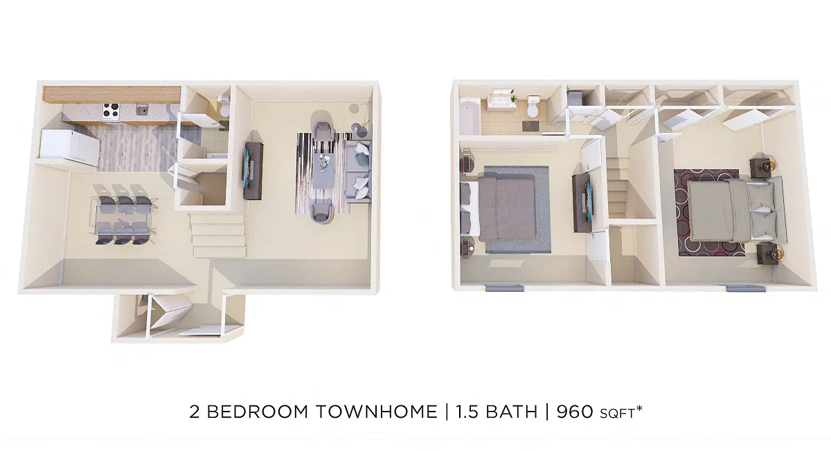 Floor plan Two Bedroom 1.5 Bath Townhome - 960 sqft