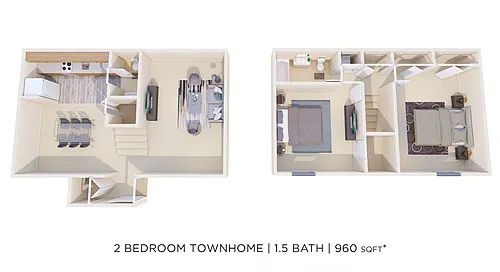Floor plan Two Bedroom 1.5 Bath Townhome - 960 sqft