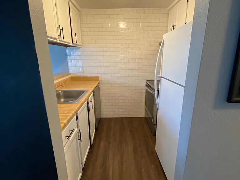 Kitchen, dishwasher on the left, stove and refrigerator on the right