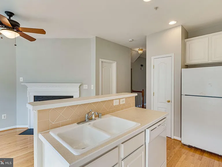 Kitchen with fireplace.