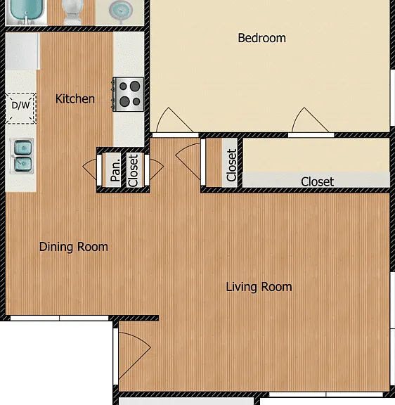 1 Bed 1 Bath Floorplan Diagram