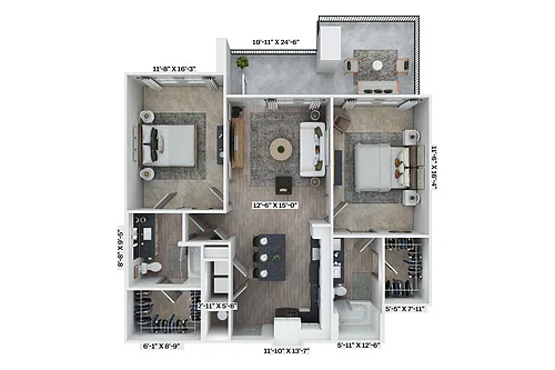 Floor plan 2BR 2BA (1133 SF)
