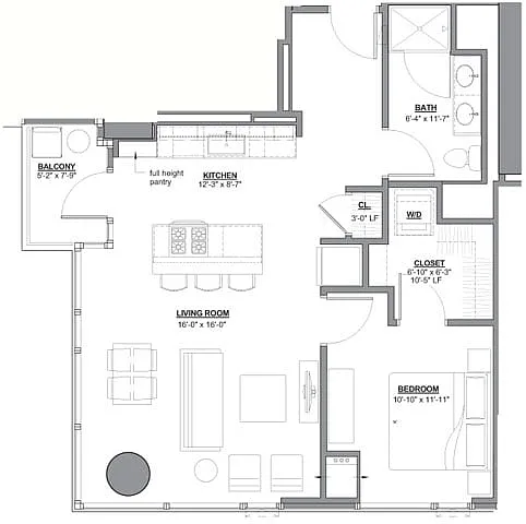 Floor plan 1 Bed/1 Bath-1J-1