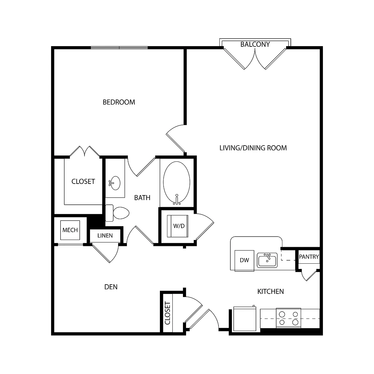 Floor plan 1 Bedroom + Den, 1 Bath 843 SF KB4