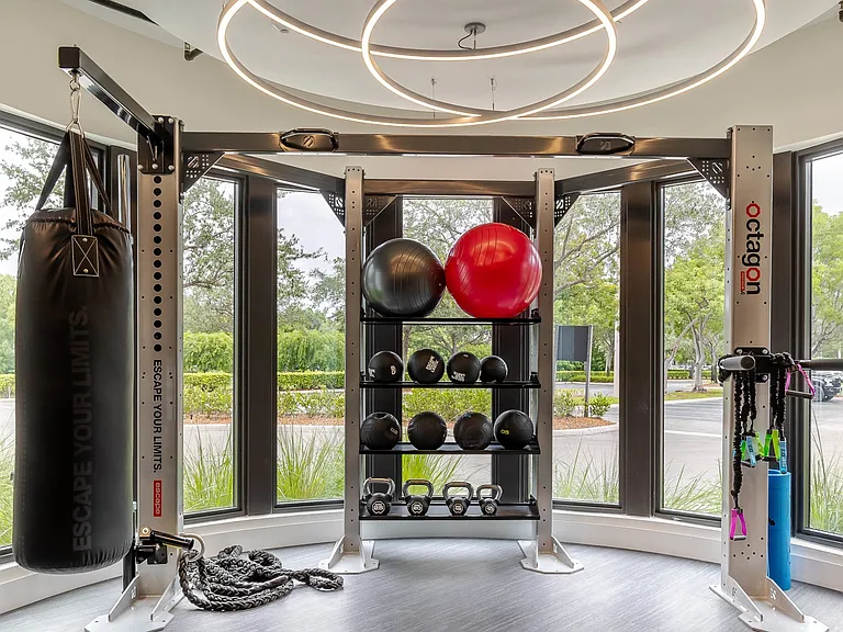 24/7 fitness center with HIIT and resistance training equipment