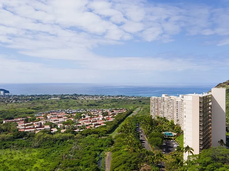 Makaha Valley overlooking Makaha Valley Towers, Makaha Planation and Makaha Beach. Mauka to Makai