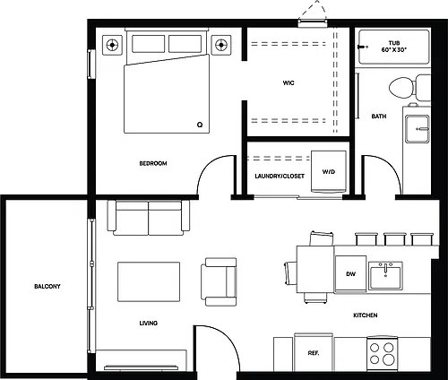 Floor plan 1 bed 1bath 1 Bed 1 Bath 3