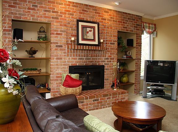 Cozy family room with built-in shelves.