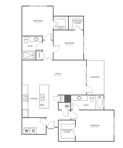 Floor plan Three Bedroom Two Bath (1305 SF)