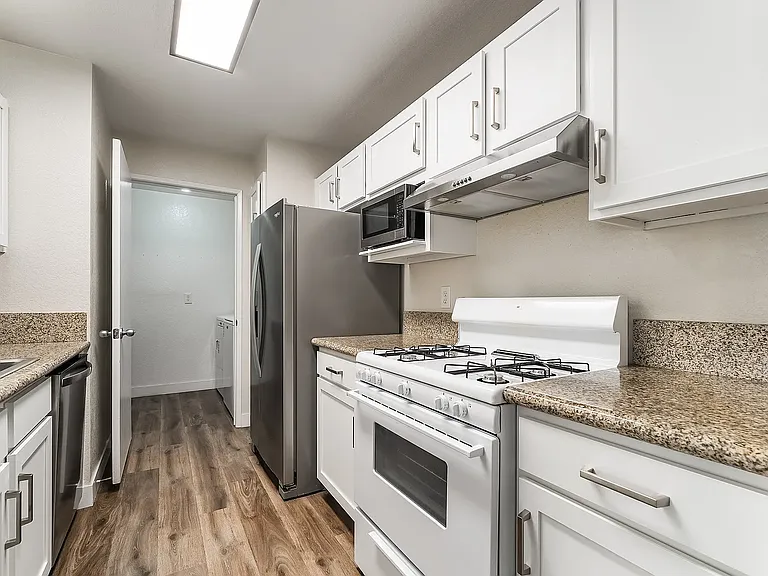Kitchen with new Refrigerator, Microwave Oven, Above Range Vent Hood with Light, Gas Stove and Oven and Dishwasher