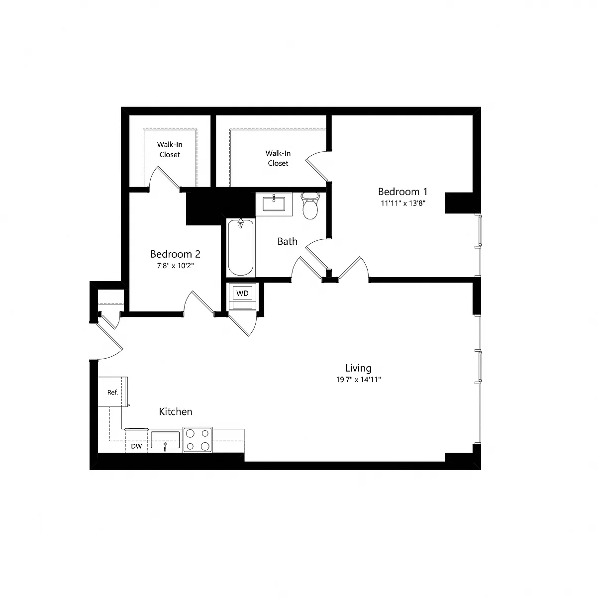 Floor plan 2 Bedroom - 1 Bath | Bj2