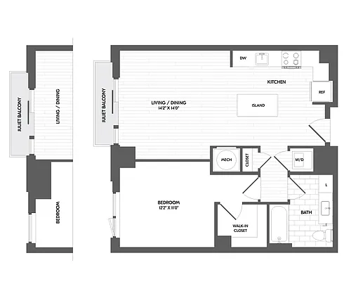 Floor plan 1 Bed/1 Bath Penthouse-PH 1C