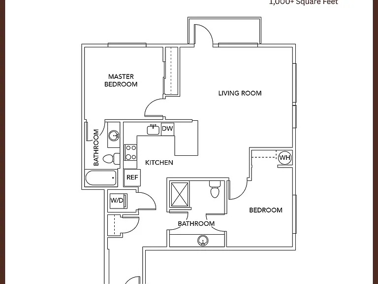 Modern floor plan showcasing a 2-bed, 2-bath layout over 1,000 square feet with a spacious living room and well-appointed kitchen. Modern floor plan showcasing a 2-bed, 2-bath layout over 1,000 square feet with a spacious living room and well-appointed ki