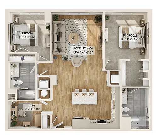 Floor plan 2 Bed/2 Bath Den-B6D