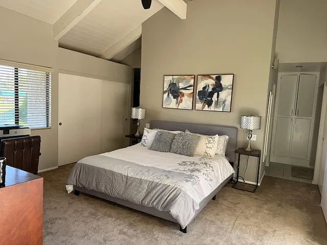 Primary bedroom with king bed and vaulted ceiling.