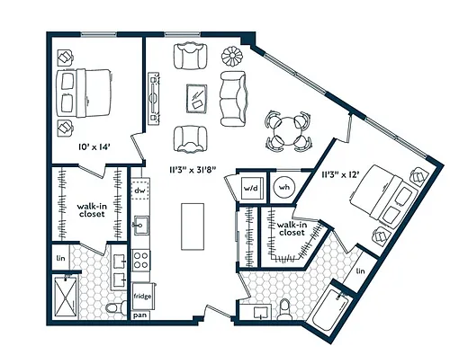 Floor plan Two Bedroom Two Bath (1158 SF)