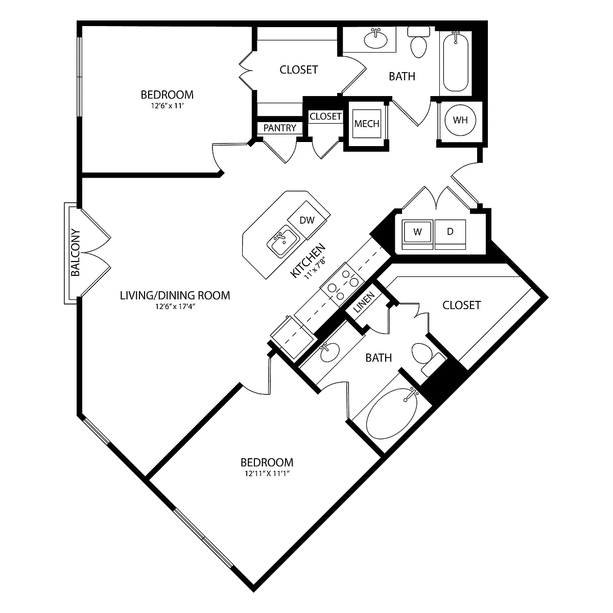 Floor plan 2 Bedroom, 2 Bath 1048 SF KC5.1