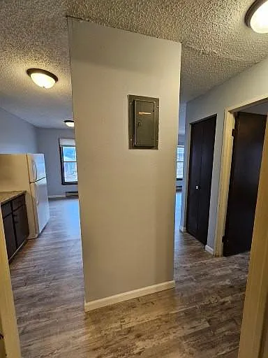 Coming out of bathroom, kitchen to the left and living room to the right. Breaker panel on wall.