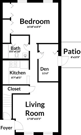 The Harbor 1 Bedroom + Den + Patio Floor plan with square footage The Harbor 1 Bedroom + Den + Patio Floor plan with square footage