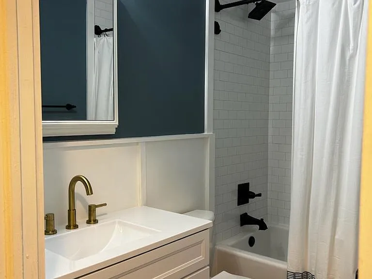 7Ft. High Shower Head, Chair height Toilet, Medicine cabinet mirror.