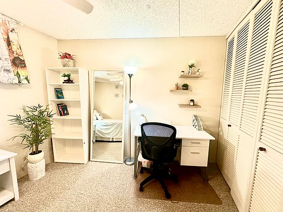 Bookcase, floor mirror and desk in your room.