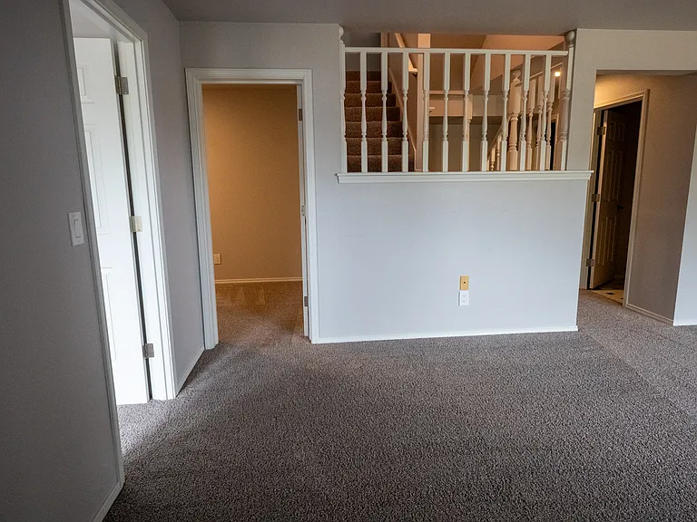 Basement living room. Hall on right leads to laundry room and bathroom. Door on immediate left is bedroom 1. Door straight ahead is bedroom 2