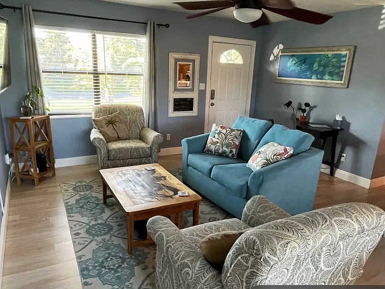 Bright living room with 50" Smart TV