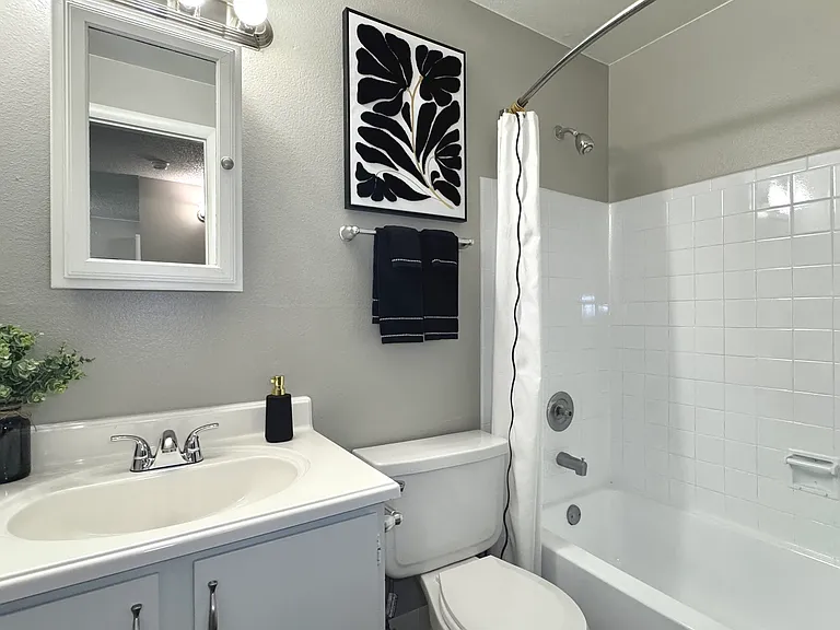 Sleek modern bathroom with a pristine bathtub, stylish vanity, and bright lighting.