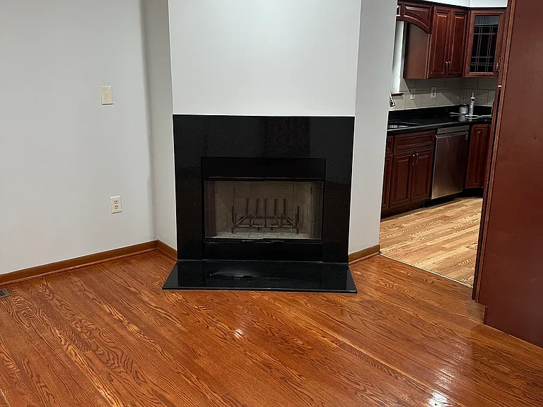 family room with wood fireplace
