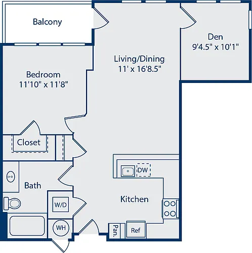 Floor plan 1 Bed 1 Bath Den A1CN