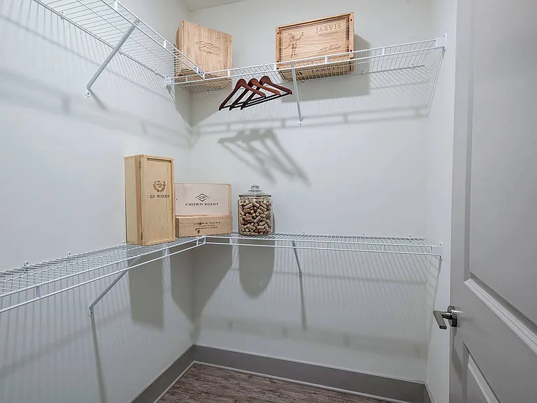 Walk-in closets with built-in shelving in select homes