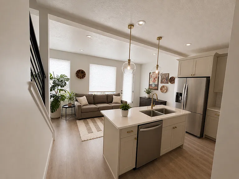Open and modern kitchen with living space.