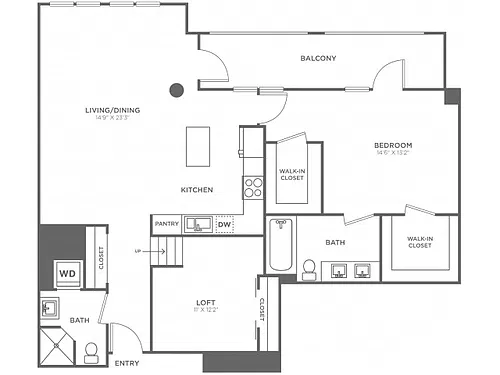 Floor plan One Bedroom Two Bath w/Loft (1330 SF)