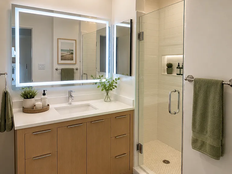 Bathroom with walk in shower and LED lighted mirror