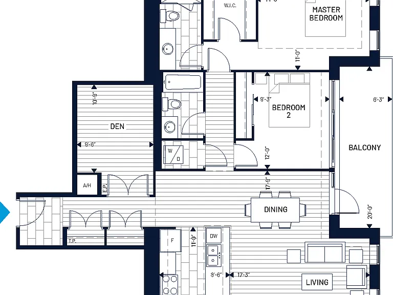 2 Bed + Den
Balcony: 130 sq. ft. 
Terrace available in unit 1103
Terrace: 1,520 sq. ft.