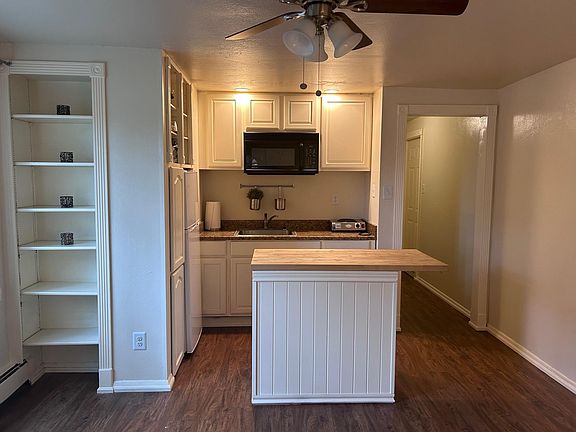 Efficiency kitchen. Fridge, microwave, and countertop appliances including electric burners and counter top oven