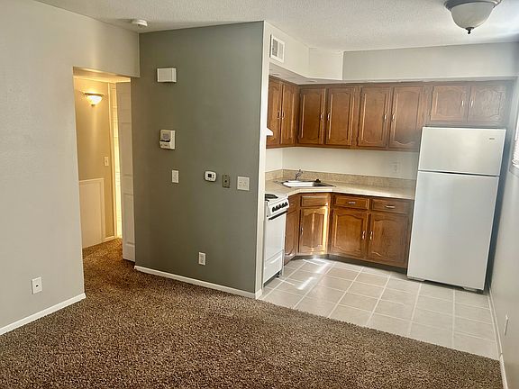 View from the living area, new carpet, open to the kitchen, hallway to bedroom, bath and front door. This is a garden level apartment with plenty of windows.
