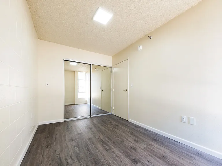 Bedroom features an expansive mirrored closet with plenty of storage.
