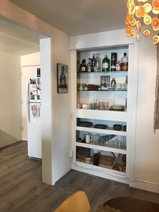 shelves in dining room.