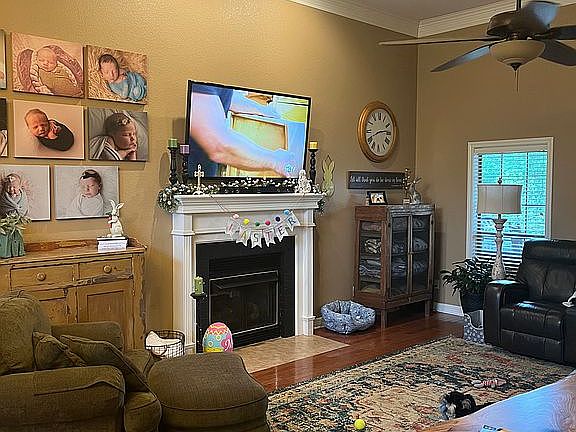 Den with gas log fireplace